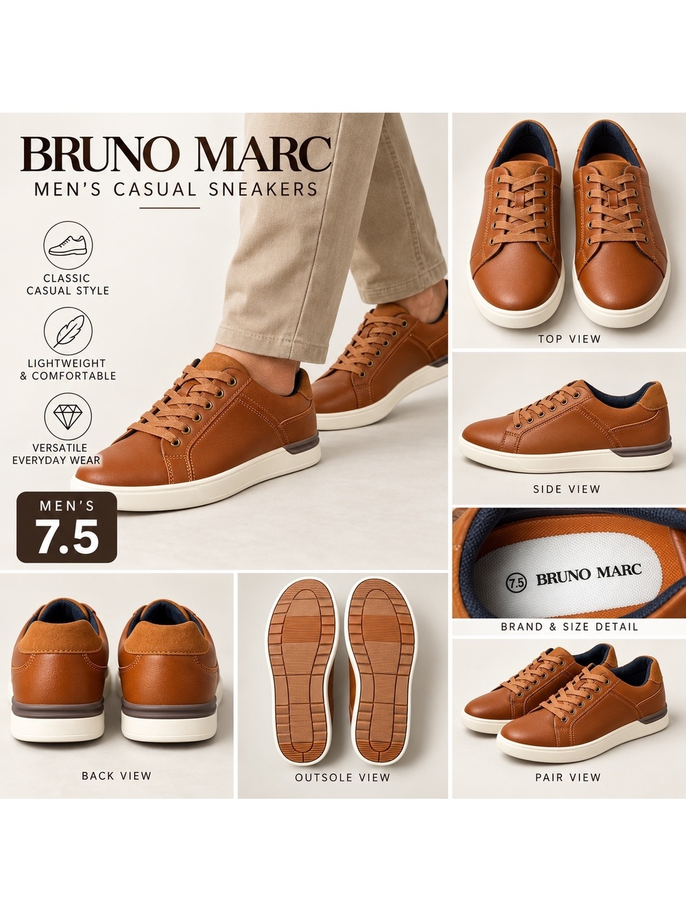 Bruno Marc Men's Casual Sneakers Tan Lace Up Shoes Size 7.5